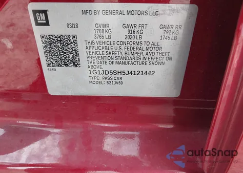 2018 Chevrolet Sonic Lt Auto z USA, uszkodzony, nr VIN 1G1JD5SH5J4121442